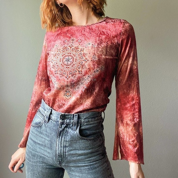 Vintage Y2K Beaded Sun Velvet Tie Dye Flare Sleeve Top - Picture 8 of 8